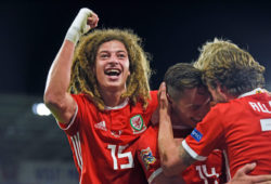 Ethan Ampadu of Wales (left) celebrates
Connor Roberts second half goal for Wales.