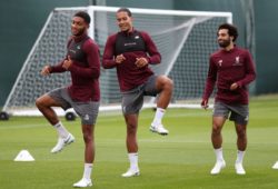 Joe Gomez, Virgil van Dijk and Mohamed Salah of Liverpool during a training session held at Melwood