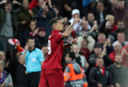 Roberto Firmino of Liverpool celebrates scoring his sides third goal