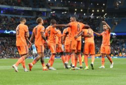 18 Nabil Fekir (F)for Olympique Lyonnais celebrates the second goal during the Champions League match between Manchester City and Olympique Lyonnais at the Etihad Stadium, Manchester