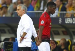 Paul Pogba of Manchester United walks past Manchester United manager Jose Mourinho after being substituted