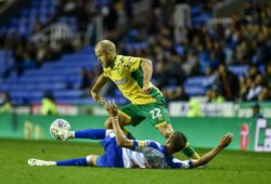 Reading Defender, Chris Gunter (2) and Norwich City Forward, Teemu Pukki (22) during the EFL Sky Bet Championship match between Reading and Norwich City at the Madejski Stadium, Reading