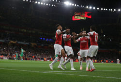 Pierre-Emerick Aubameyang of Arsenal celebrates scoring the opening goal with team-mates