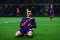 Phil Foden of Manchester City celebrates scoring a goal to make the score 0-3