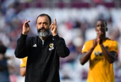 Football - 2018 / 2019 Premier League - West Ham United vs. Wolverhampton Wanderers Wolverhampton Wanderers manager Nuno celebrates at the final whistle with the fans after their 1-0 victory, at The London Stadium. COLORSPORT/ASHLEY WESTERN PUBLICATIONxNOTxINxUK