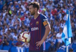 SAN SEBASTIAN, SPAIN - SEPTEMBER 15: Lionel Messi, of FC Barcelona Barca looks with ball during the La Liga match between Real Sociedad and FC Barcelona on September 15, 2018, at Anoeta Stadium in San Sebastian, Spain. (Photo by Carlos Sanchez Martinez/Icon Sportswire) SOCCER: SEP 15 La Liga - Barcelona at Real Sociedad PUBLICATIONxINxGERxSUIxAUTxHUNxRUSxSWExNORxDENxONLY Icon180915025
