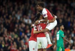 Alex Iwobi of Arsenal celebrates with goalscorer Pierre-Emerick Aubameyang of Arsenal during the UEFA Europa League match group between Arsenal and Vorskla Poltava at the Emirates Stadium, London, England on 20 September 2018. PUBLICATIONxNOTxINxUK Copyright: xAAx PMI-2243-0054