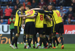 4.07690922 August 19, 2018 - Burnley, United Kingdom - Watford players celebrate a Will Hughes goal during the Premier League match at Turf Moor Stadium, Burnley. Picture date 19th August 2018. Picture credit should read: James Wilson/Sportimage/Cal Sport Media/Sipa USA(Credit Image: © James Wilson/CSM/Sipa USA) 
IBL