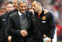Chelsea manager Jose Mourinho shares a joke with Ryan Giggs of Manchester United before the game