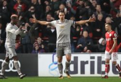 Zlatan Ibrahimovic of Manchester United celebrates scoring a goal to make the score 1-1