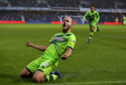 Teemu Pukki of Norwich City celebrates after he scores the opening gosal to put Norwich 1-0 up