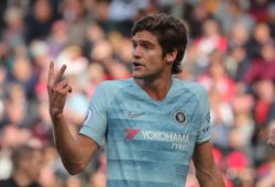 Marcos Alonso of Chelsea holds up two fingers