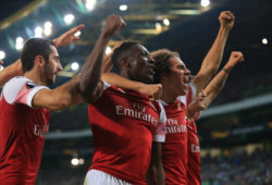 Danny Welbeck of Arsenal celebrates scoring the opening goal with team-mate