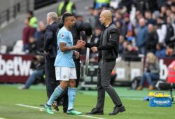 Manchester City Manager Pep Guardiola congratulates Gabriel Jesus of Manchester City for a job well done during the Premier League match between West Ham United and Manchester City at the London Stadium, Queen Elizabeth Olympic Park , London, England on 29 April 2018. PUBLICATIONxNOTxINxUK Copyright: xKenxSparksx 19850044