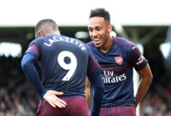 x& xa7;7th October 2018, Craven Cottage, London, England; EPL Premier League football, Fulham versus Arsenal; Pierre-Emerick Aubameyang of Arsenal celebrates scoring his sides 4th goal in the 79th minute to make it 4-1 with Alexandre Lacazette of Arsenal PUBLICATIONxINxGERxSUIxAUTxHUNxSWExNORxDENxFINxONLY ActionPlus12069153 JohnxPatrickxFletcher