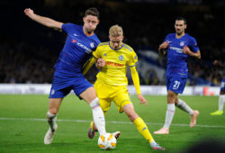 Gary Cahill of Chelsea and Jasse Tuominen of FC BATE Borisov in action during the UEFA Europa League group stage match between Chelsea and FC BATE Borisov at Stamford Bridge in London, UK - 4th October 2018