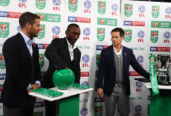 Jamie Redknapp, Jimmy Floyd Hasselbaink and Scott Minto conduct the draw for the quarter finals of the Carabao Cup after full time