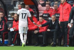 Substitution - Fred (17) of Manchester United leaves the field after being substituted and shakes hands with Manchester United manager Jose Mourinho during the Premier League match between Bournemouth and Manchester United at the Vitality Stadium, Bournemouth