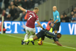 Marko Arnautovic Of West Ham United fouls Raheem Sterling Of Manchester City during West Ham United vs Manchester City, Premier League Football at The London Stadium on 24th November 2018