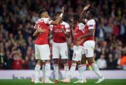 Pierre-Emerick Aubameyang of Arsenal celebrates his second goal with Danny Welbeck of Arsenal and teammates during the UEFA Europa League match group between Arsenal and Vorskla Poltava at the Emirates Stadium, London, England on 20 September 2018. PUBLICATIONxNOTxINxUK Copyright: xAAx PMI-2243-0041