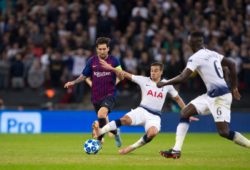 Harry Winks of Spurs tackles Lionel Messi of Barcelona during the UEFA Champions League group match between Tottenham Hotspur and Barcelona at Wembley Stadium, London, England on 3 October 2018. PUBLICATIONxNOTxINxUK Copyright: xAndyxRowlandx PMI-2289-0028