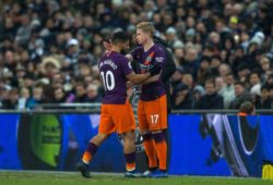 Kevin De Bruyne of Man City replaces Sergio Agüero of Man City during the Premier League match between Tottenham Hotspur and Manchester City at Wembley Stadium, London, England on 29 October 2018. PUBLICATIONxNOTxINxUK Copyright: xAndyxRowlandx PMI-2357-0006