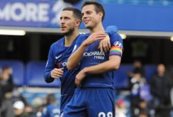 Football - 2018 / 2019 Premier League - Chelsea vs. Fulham Cesar Azpilicueta and Eden Hazard of Chelsea celebrate after the match, at Stamford Bridge. COLORSPORT/ANDREW COWIE PUBLICATIONxNOTxINxUK