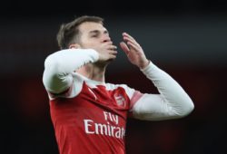 Aaron Ramsey of Arsenal waves to his family after final whistle