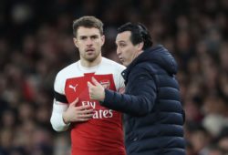 Arsenal Manager Unai Emery instructs Aaron Ramsey before he comes on in 2nd half