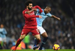 Mohamed Salah of Liverpool battles with Fernandinho of Manchester City