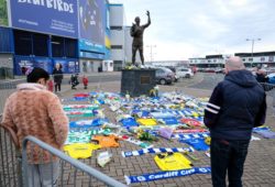 Tributes have been left by the Fred Keenor statue outside the Cardiff City Stadium for Argentina born Emiliano Sala who was on board a flight from Nantes to Cardiff on Monday night that went missing in the English channel. Sala was Cardiff City new signing From FC Nantes at a cost of GBP15 million pounds.