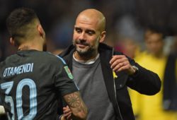 Pep Guardiola Manager of Manchester City greets Nicolas Otamendi (30) of Manchester City after the Carabao Cup Semi Final game, between Bristol City and Manchester City at the Ashton Gate Stadium, on January 23rd 2018 in Bristol, UK. (