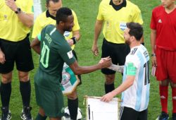 Nigeria v Argentina 2018 FIFA World Cup WM Weltmeisterschaft Fussball Mikel John Obi of Nigeria and Lionel Messi of Argentina shake hands before the 2018 FIFA World Cup match at St Petersburg Stadium, St Petersburg PUBLICATIONxNOTxINxUK Copyright: xPaulxChestertonx FIL-11961-0213