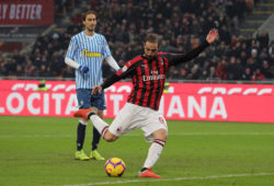 4.07867705 Gonzalo Higuain #9 of AC Milan scores his goal during the serie A match between AC Milan and Spal at Stadio Giuseppe Meazza on December 29, 2018 in Milan, Italy. (Photo by Giuseppe Cottini/NurPhoto/Sipa USA) 
IBL