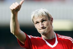Liverpool's Sami Hyypia  gestures towards the Kop stand as he walks a lap of honour after their English Premier League soccer match against Tottenham at Anfield Stadium, Liverpool, England, Sunday, May 24, 2009. Hyypia bid a tearful farewell to Anfield after 10 years at the club.(AP Photo/Paul Thomas) ** NO INTERNET/MOBILE USAGE WITHOUT FOOTBALL ASSOCIATION PREMIER LEAGUE (FAPL) LICENCE. CALL +44 (0) 20 7864 9121 or EMAIL info@football-dataco.com FOR DETAILS **