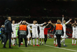 PSG players attempt to celebrate with their fans during the UEFA Champions League Round of 16 First Leg match at the Old Trafford Stadium, Manchester. Picture date: 12th February 2019. Picture credit should read: Andrew Yates/Sportimage PUBLICATIONxNOTxINxUK _AY14232.JPG