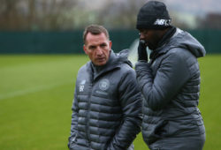 13th February 2019, Lennoxtown Training Centre, Glasgow, Scotland; Celtic Training session ahead of their Europa League tie against Valencia on 14th February; Celtic Manager Brendan Rodgers chats with coach Kolo Toure PUBLICATIONxINxGERxSUIxAUTxHUNxSWExNORxDENxFINxONLY ActionPlus12105035 VagelisxGeorgariou