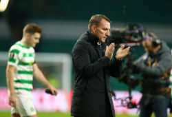 14th February 2019, Celtic Park, Glasgow, Scotland; UEFA Europa League football, Celtic versus Valencia; A dejected looking Celtic Manager Brendan Rodgers applauds the supporters after the defeat 0-2 PUBLICATIONxINxGERxSUIxAUTxHUNxSWExNORxDENxFINxONLY ActionPlus12105368 VagelisxGeorgariou