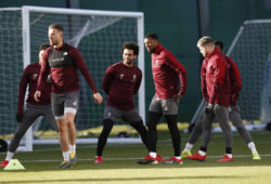 18th February 2019, Melwood, Liverpool, England; UEFA Champions League, Jordan Henderson, Mohamed Salah, Georginio Wijnaldum and Alberto Moreno of Liverpool during today s open training session at Melwood ahead of tomorrow s Champions League round of 16 first leg match against Bayern Munich PUBLICATIONxINxGERxSUIxAUTxHUNxSWExNORxDENxFINxONLY ActionPlus12106560 AlanxMartin