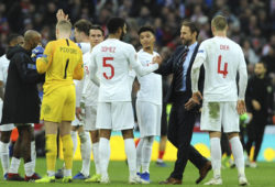 England manager Gareth Southgate shakes hands with England's Joe Gomez at the end of the UEFA Nations League soccer match between England and Croatia at Wembley stadium in London, Sunday Nov. 18, 2018. England won 2-1. (AP Photo/Rui Vieira)