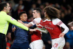 MANDATORY CREDIT: PHOTO BY MATTHEW IMPEY/REX/SHUTTERSTOCK (10073476M)
JESSE LINGARD OF MANCHESTER UNITED GETS INVOLVED IN SOME PUSHING AND SHOVING WITH GRANIT XHAKA AND MATTEO GUENDOUZI OF ARSENAL
ARSENAL V MANCHESTER UNITED, FOOTBALL, FA CUP 4TH ROUND, EMIRATES STADIUM, ISLINGTON, LONDON, UK - 25/01/2019