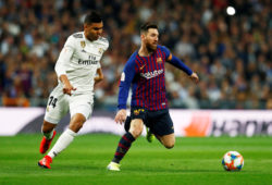 FILE PHOTO: Soccer Football - Copa del Rey - Semi Final Second Leg - Real Madrid v FC Barcelona - Santiago Bernabeu, Madrid, Spain - February 27, 2019  Barcelona's Lionel Messi in action with Real Madrid's Casemiro   REUTERS/Juan Medina/File Photo