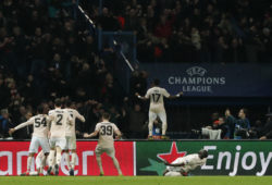 Manchester United players celebrate their side's third goal during the Champions League round of 16, 2nd leg, soccer match between Paris Saint Germain and Manchester United at the Parc des Princes stadium in Paris, France, Wednesday, March. 6, 2019. (AP Photo/Thibault Camus)