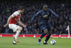 Sokratis Papastathopoulos of Arsenal shadows Romelu Lukaku of Manchester United ManU during the Premier League match at The Emirates Stadium, London. Picture date: 10th March 2019. Picture credit should read: Darren Staples/Sportimage PUBLICATIONxNOTxINxUK _AZ17808.JPG