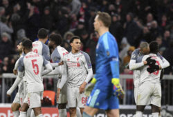 Liverpool midfielder Sadio Mane, front right, celebrates with teammates after scoring his side's third goal during the Champions League round of 16 second leg soccer match between Bayern Munich and Liverpool at the Allianz Arena, in Munich, Germany, Wednesday, March 13, 2019. (AP Photo/Kerstin Joensson)