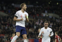 England's Harry Kane celebrates his sides second goal during the Euro 2020 group a qualifying soccer match between England and the Czech Republic at Wembley stadium in London, Friday March 22, 2019. (AP Photo/Matt Dunham)