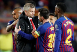 Soccer Football - Champions League Quarter Final Second Leg - FC Barcelona v Manchester United - Camp Nou, Barcelona, Spain - April 16, 2019  Manchester United manager Ole Gunnar Solskjaer with Barcelona's Lionel Messi after the match        Action Images via Reuters/Carl Recine