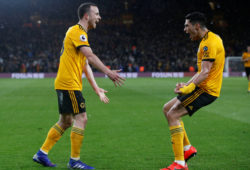 Soccer Football - Premier League - Wolverhampton Wanderers v Manchester United - Molineux Stadium, Wolverhampton, Britain - April 2, 2019  Wolverhampton Wanderers' Diogo Jota celebrates scoring their first goal with Raul Jimenez           REUTERS/Andrew Yates  EDITORIAL USE ONLY. No use with unauthorized audio, video, data, fixture lists, club/league logos or "live" services. Online in-match use limited to 75 images, no video emulation. No use in betting, games or single club/league/player publications.  Please contact your account representative for further details.