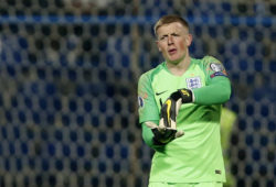 England goalkeeper Jordan Pickford gestures during the Euro 2020 group A qualifying soccer match between Montenegro and England at the City Stadium in Podgorica, Montenegro, Monday, March 25, 2019. (AP Photo/Darko Vojinovic)