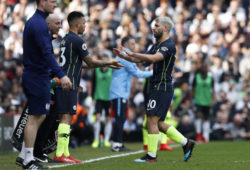 Manchester City's Sergio Aguero, right, is replaced by Manchester City's Gabriel Jesus during the English Premier League soccer match between Fulham and Manchester City at Craven Cottage stadium in London, Saturday, March 30, 2019. (AP Photo/Alastair Grant)